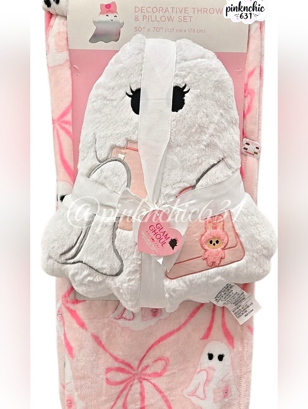Pink Bow Ghost Halloween Throw Blanket Pillow Set Embroiderd Labubu & Tumbler
